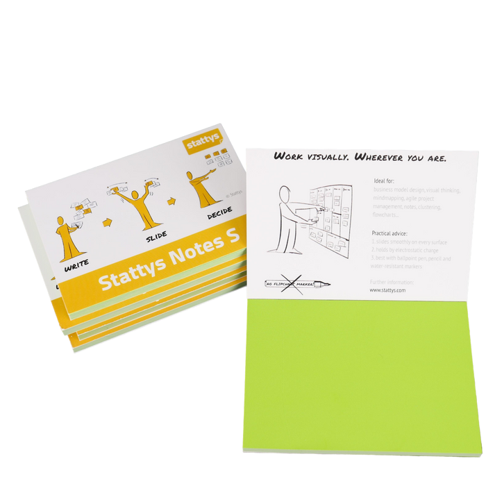 Stattys Notes S, pack of 5 in green, electrostatic self-adhesive moderation cards, self-adhesive notepaper, sticky magnetic notes, moderation card, stattys, sticky notes, statty, static notes, notepad, pad for drawing