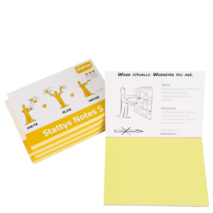 Stattys Notes S, pack of 5 in yellow, electrostatic self-adhesive moderation cards, self-adhesive notepaper, sticky magnetic notes, moderation card, stattys, sticky notes, statty, static notes, notepad, pad for drawing