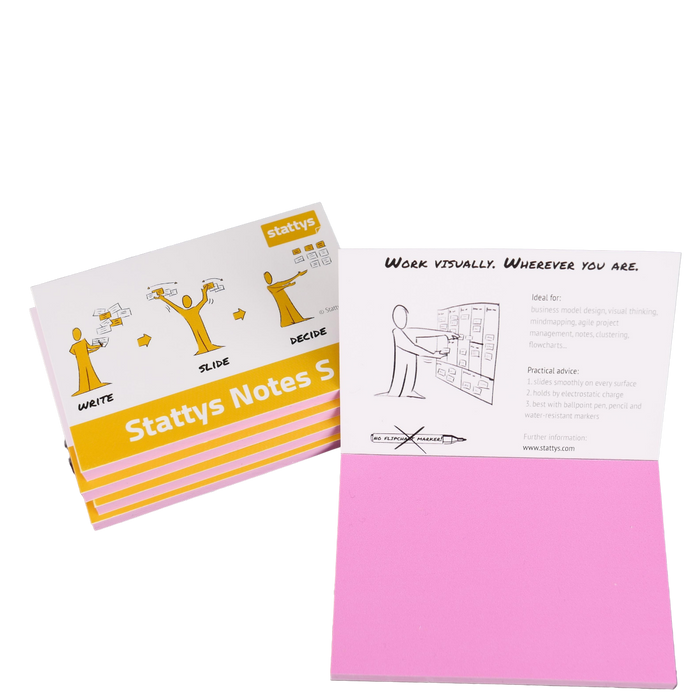 Stattys Notes S, pack of 5 in pink, electrostatic self-adhesive moderation cards, self-adhesive notepaper, sticky magnetic notes, moderation card, stattys, sticky notes, statty, static notes, notepad, pad for drawing